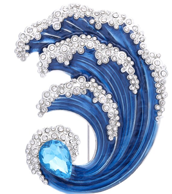 Stunning Blue Enamel & Crystal Great Wave Off Kanagawa Brooch Pin!
