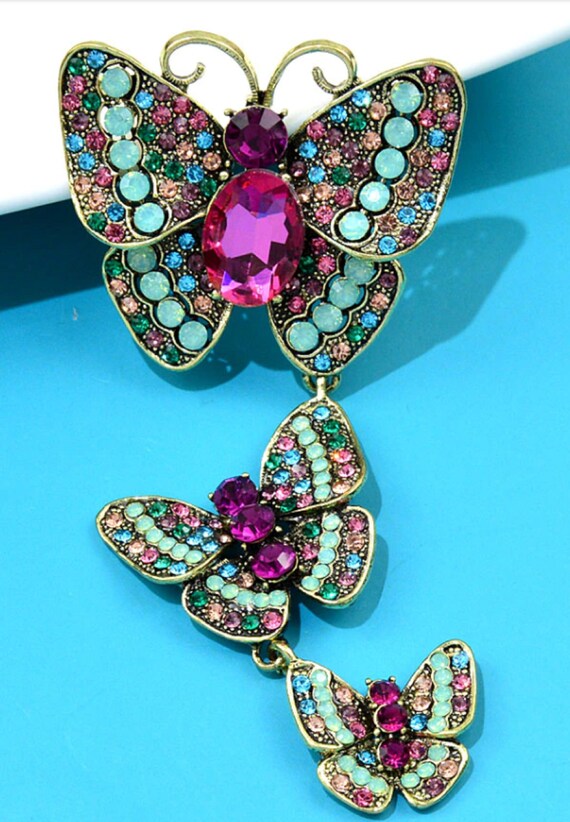 Gorgeous Multi Crystal Triple Butterfly Brooch Pendant