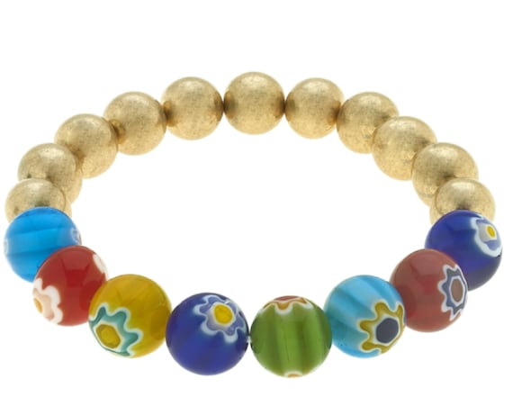 Millefiori Glass & Gold Bead Stretch Bracelet