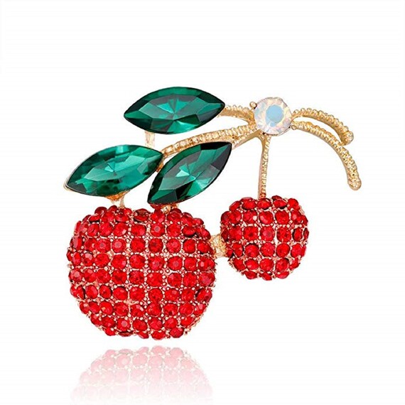 Gorgeous Red and Green Crystal Double Cherry Brooch!