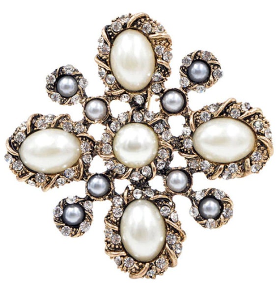 Gorgeous Crystal and Pearl Maltese Cross Brooch Pendant