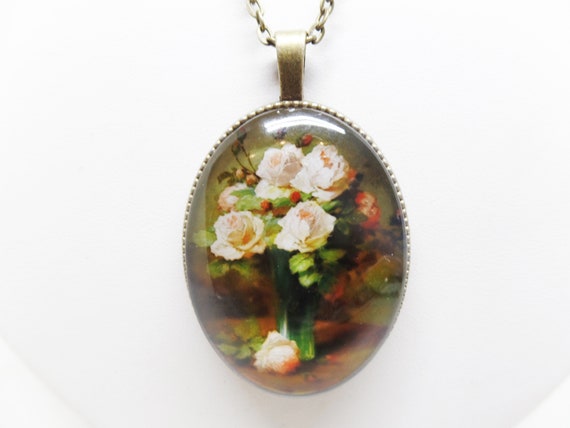 Gorgeous Reversible Floral Glass Cabochon Cameo Pendant Necklace
