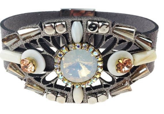 Gorgeous Faux Leather & Crystal Deco Inspired Magnetic Bracelet