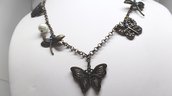 Lovely Crystal & Pearl Butterfly Charm Necklace