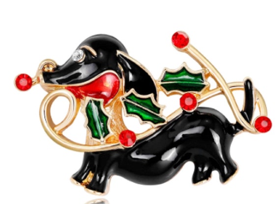 Adorable Crystal and Enamel Dachshund Dog with Holly Brooch!