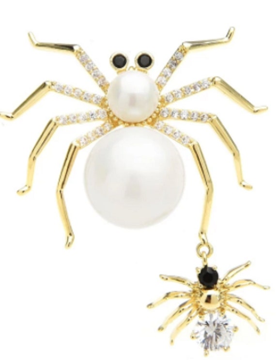 Gorgeous Pearl and CZ Mommy and Baby Spider Brooch
