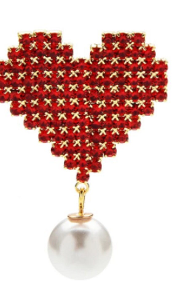 Lovely Red Crystal Heart Pearl Drop Brooch