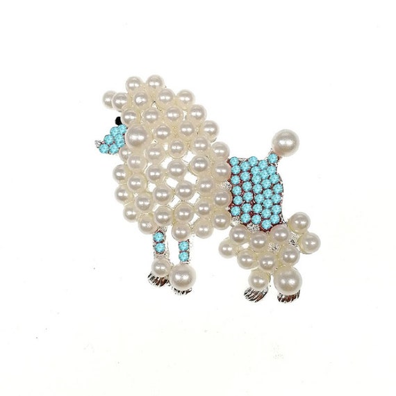 Adorable Blue Topaz Crystal and Pearl Poodle Brooch