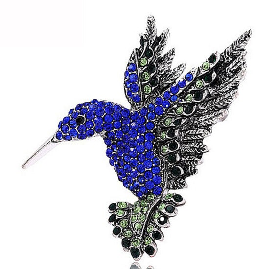 Gorgeous Blue and Green Crystal Hummingbird Silver Tone Brooch Pendant