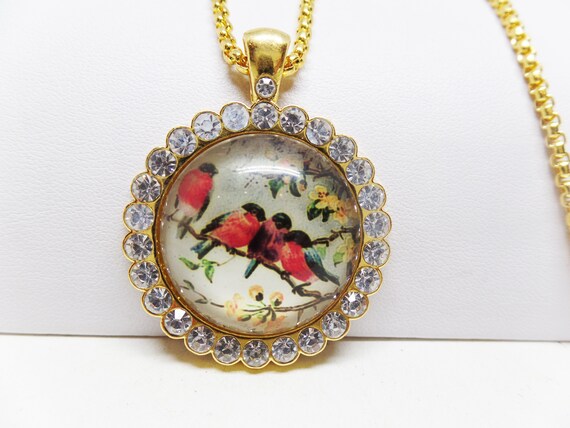 Adorable Crystal Cabochon Songbird Necklace