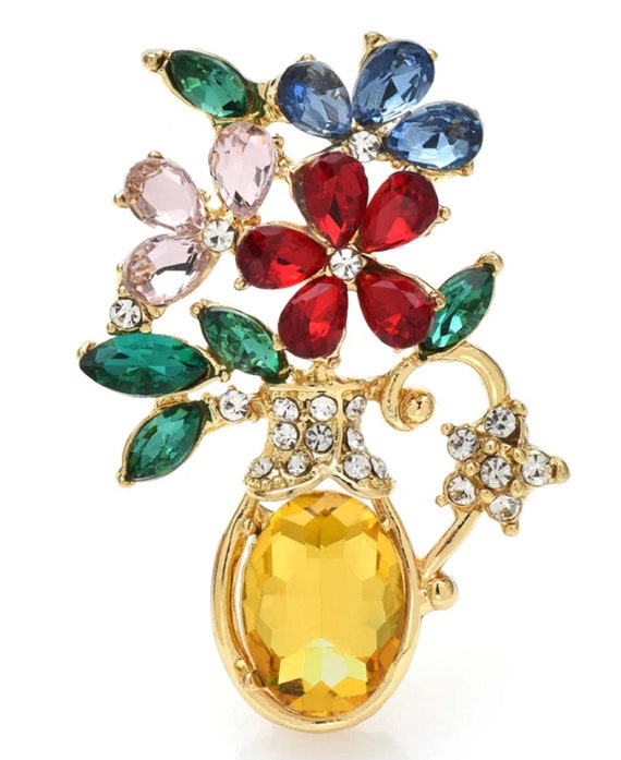 Lovely Multi-Colored Crystal Flower Vase Brooch Pin