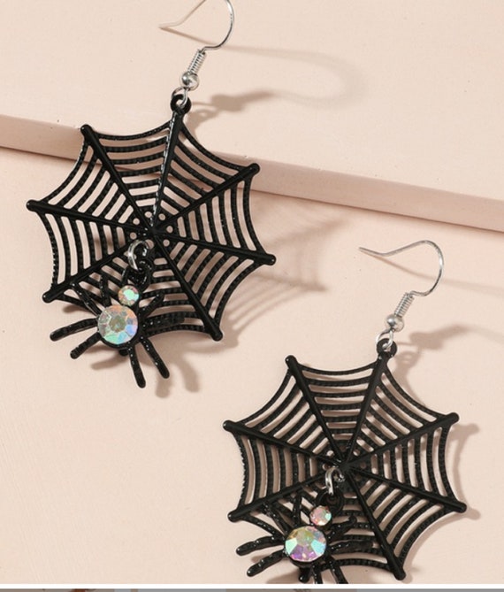 Fabulous Aurora Borealis Crystal Spider Web Dangle Earrings