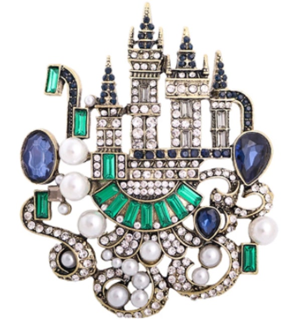 Exquisite Blue and Green Crystal & Pearl Castle Brooch Pendant!