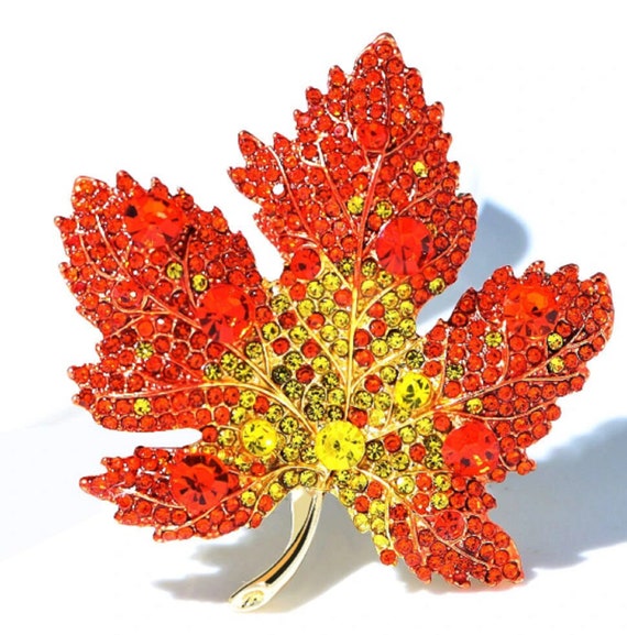 Gorgeous Orange and Yellow Crystal Maple Leaf Brooch Pin Pendant