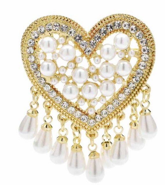 Stunning Pearl & Crystal Dangle Heart Brooch Pin