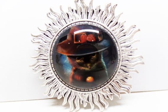 Adorable Black Witch Cat Glass Cabochon Halloween Pin