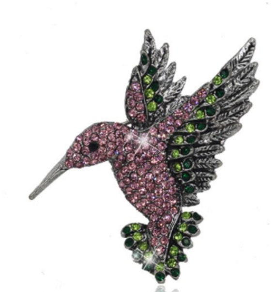 Gorgeous Pink & Green Crystal Hummingbird Brooch Pendant