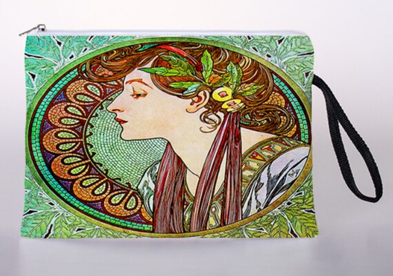 Lovely MUCHA Wristlet Zippered Pouch Cosmetic Bag