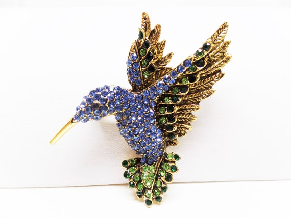 Gorgeous Blue and Green Crystal Hummingbird Brooch Pendant