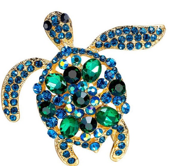 Gorgeous Blue and Green Aurora Borelis Crystal Turtle Brooch