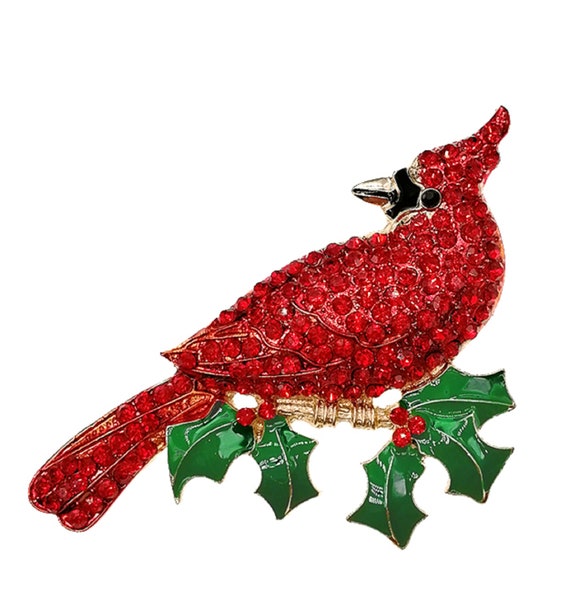 Stunning Large Red Crystal Cardinal on Holly Branch Brooch Pin