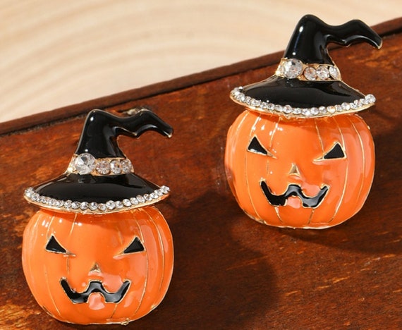 Adorable Enamel and Crystal Jack-O-Lantern Pumpkin Halloween Earrings