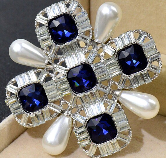 Gorgeous Blue BaguetteCrystal and Pearl Maltese Cross Brooch Pendant
