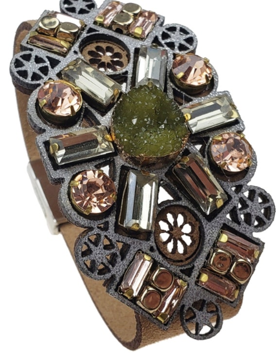 Gorgeous Faux Leather Champagne Crystal Deco Inspired Magnetic Bracelet