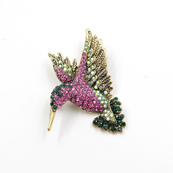 Gorgeous Magenta and Green Crystal Hummingbird Brooch Pendant