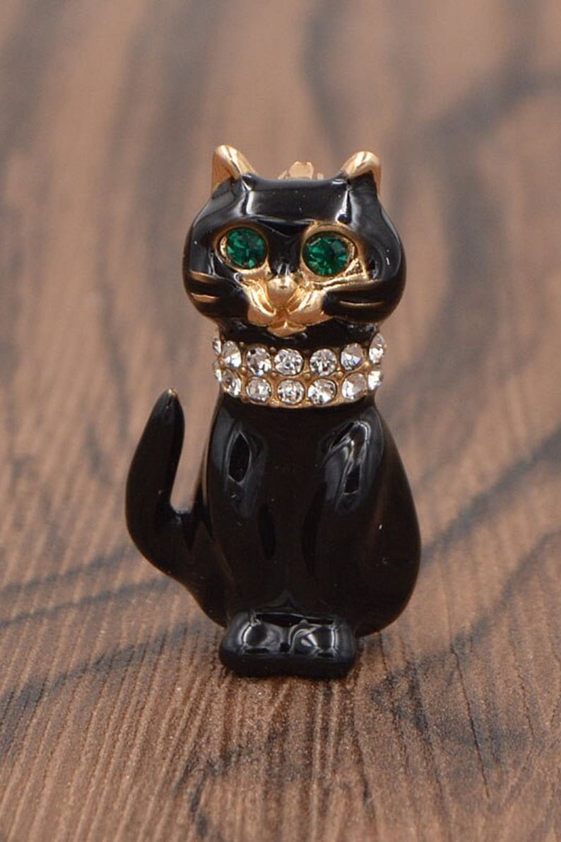 Adorable Black Cat with Crystal Collar Pin