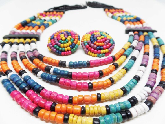 Fabulous Vintage Multicolor wood & Glass Beaded Statement Necklace Set