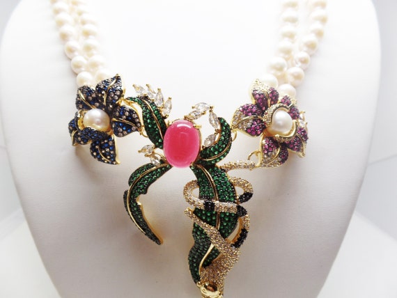 Lovely Freshwater Pearl & CZ Floral Necklace