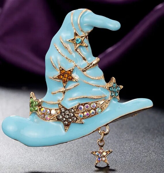 Fabulous Light Blue Enamel and Crystal Halloween Wizard Witch Hat Brooch Pin!
