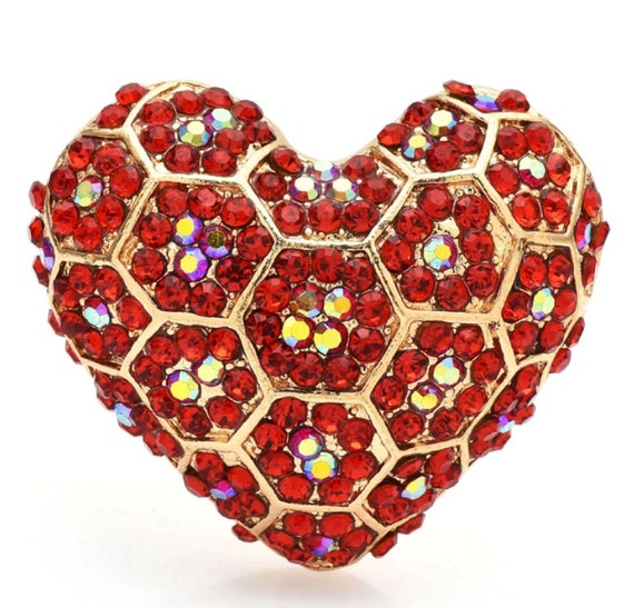 Gorgeous Red Aurora Borealis Crystal Puffy Heart Brooch Pin Pendant