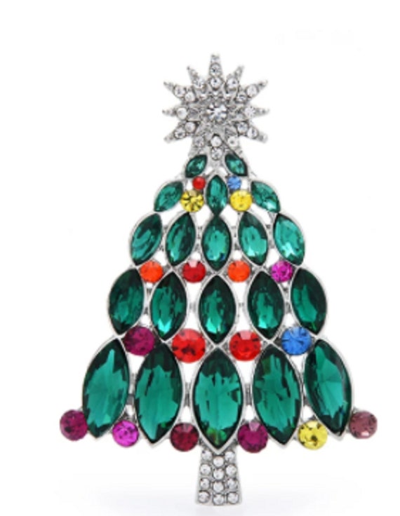 Gorgeous Green Marquise Crystal Holiday Tree Brooch