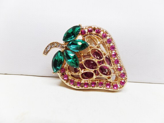 Hot Pink & Green Crystal Strawberry Fruit Brooch Pin