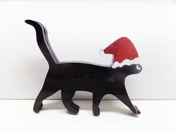 CLEARANCE Adorable Acrylic Black Cat with Santa Hat Holiday Brooch Limited Edition