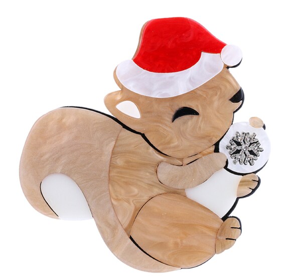 Adorable Acrylic Squirrel with Santa Hat Christmas Brooch Pin