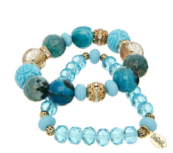 Gorgeous Blue Crystal,Glass, & Semi-Precious Stone Stretch Bracelet Set