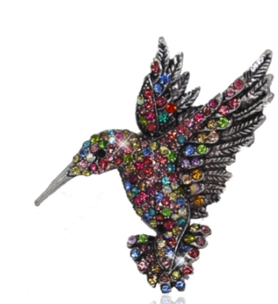 Gorgeous Rainbow Crystal Hummingbird Brooch Pendant