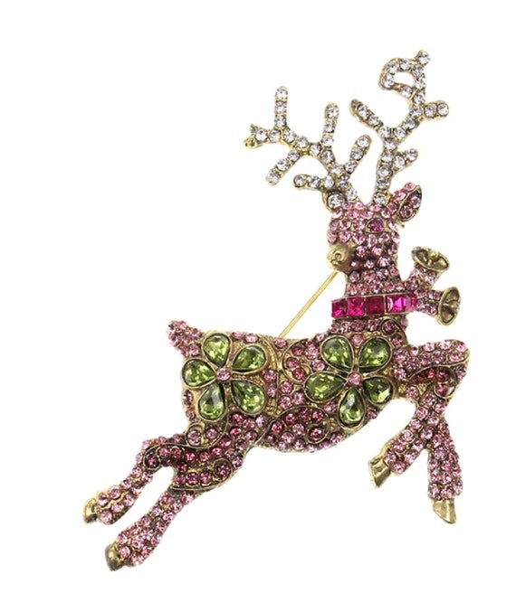 Stunning Pink and Green Crystal Reindeer Holiday Winter Brooch