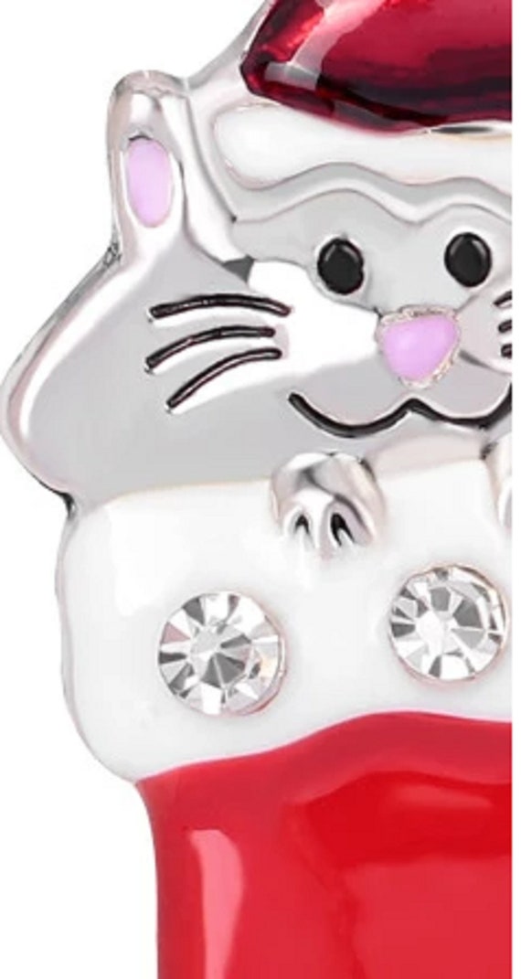 Adorable Crystal and Enamel Cat in Christmas Stocking Brooch!