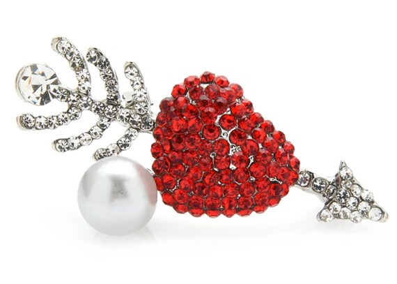 Gorgeous Red Crystal & Pearl Heart with Arrow Valentine's Day Brooch Pin