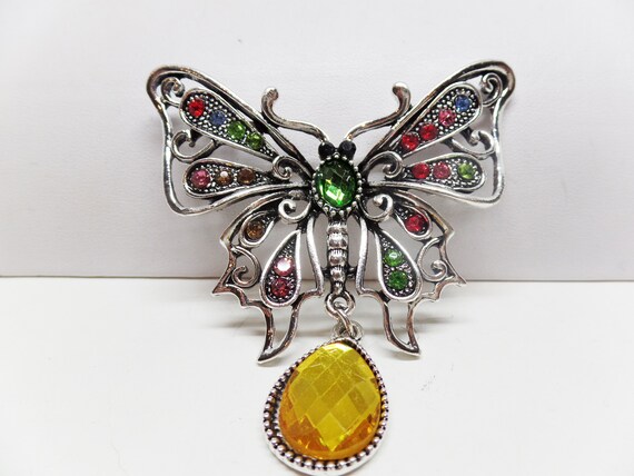 Gorgeous Rainbow Crystal Drop Butterfly Brooch Pin Pendant