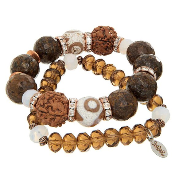 Gorgeous Brown Crystal,Glass, Semi-Precious Stone Stretch Bracelet Set