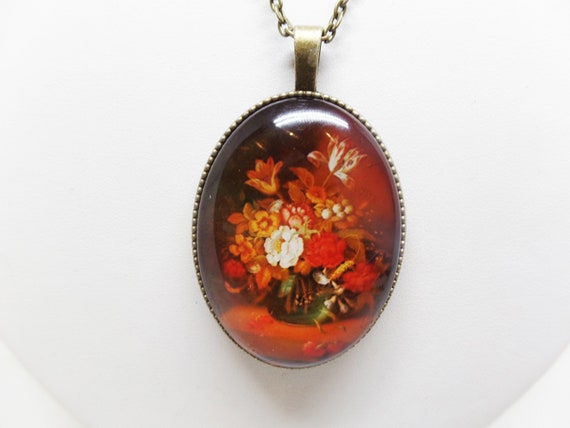 Gorgeous Reversible Floral Glass Cabochon Cameo Pendant Necklace