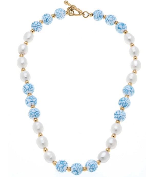 Blue Floral Porcelain & Pearl Beaded Necklace
