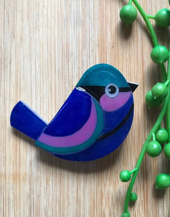 PEGGY WALKER Acrylic Blue Wren Bird Jewelry Brooch