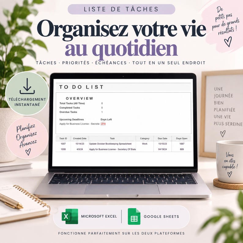 Liste de tâches Excel | Tableau suivi tâches | Gestionnaire de tâches | Priorités, statuts, et échéances | Excel et Google Sheets