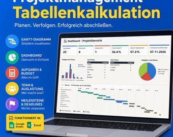 Projektplan Vorlage mit Gantt Diagramm | Excel und Google Sheets, Abhängigkeiten, Budget, Meilensteine, Team